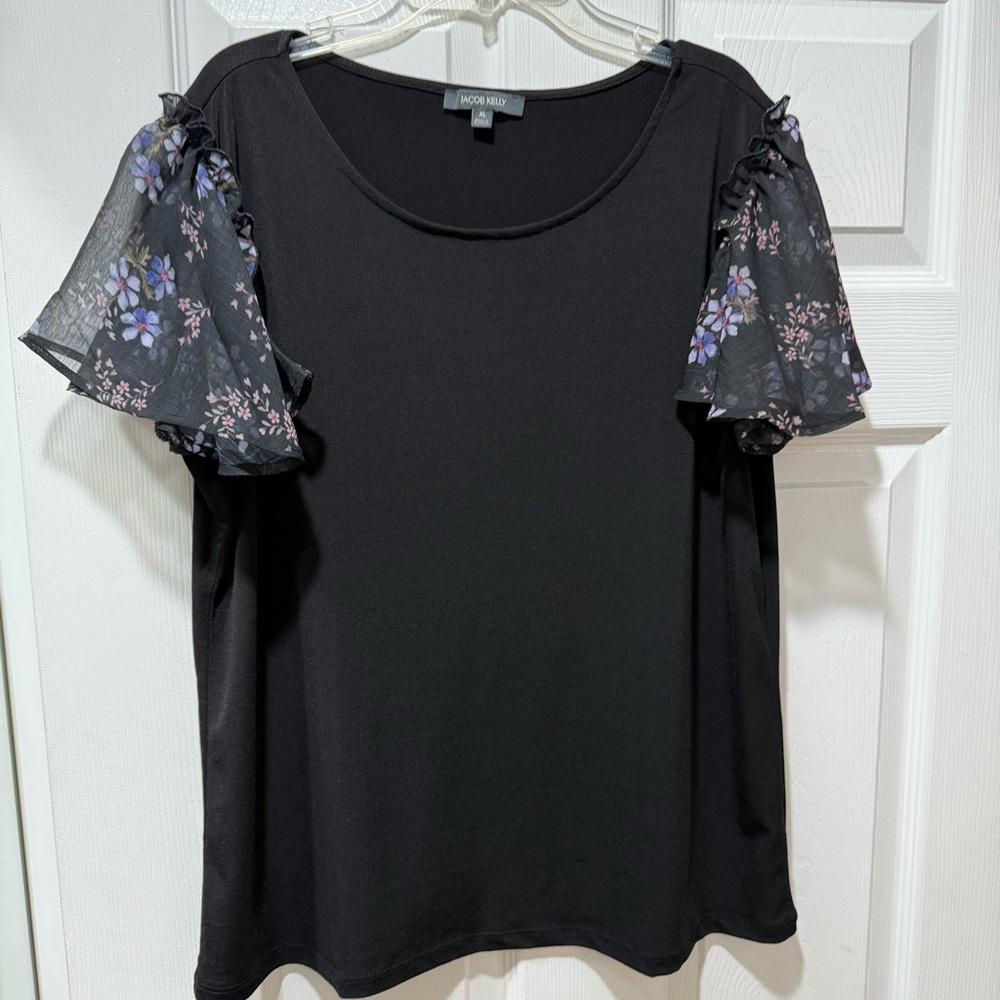 Black Floral Flutter Sleeve Blouse XL Women’s by Jacob Kelly